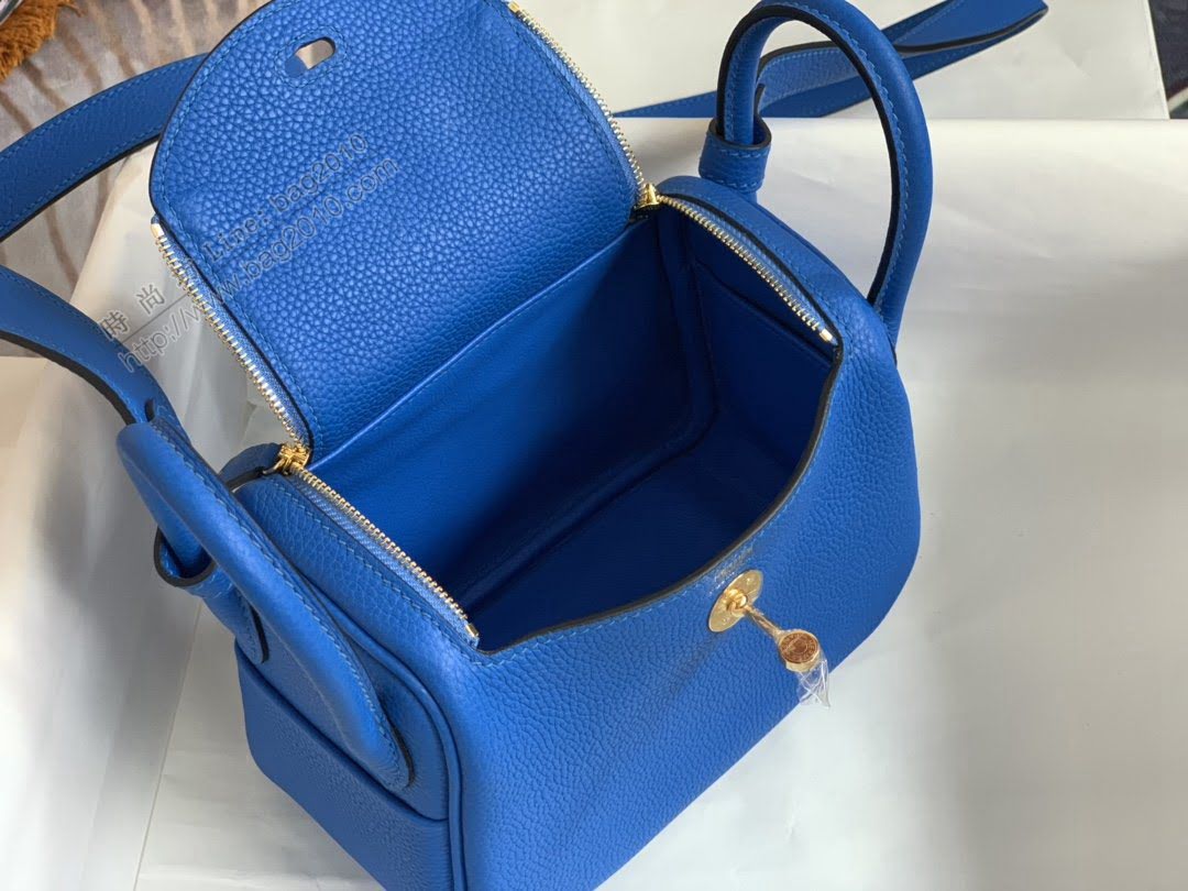愛馬仕mini Lindy Hermesn琳迪女包 可斜背手拎 蜜蠟線縫製 水妖藍  am2110